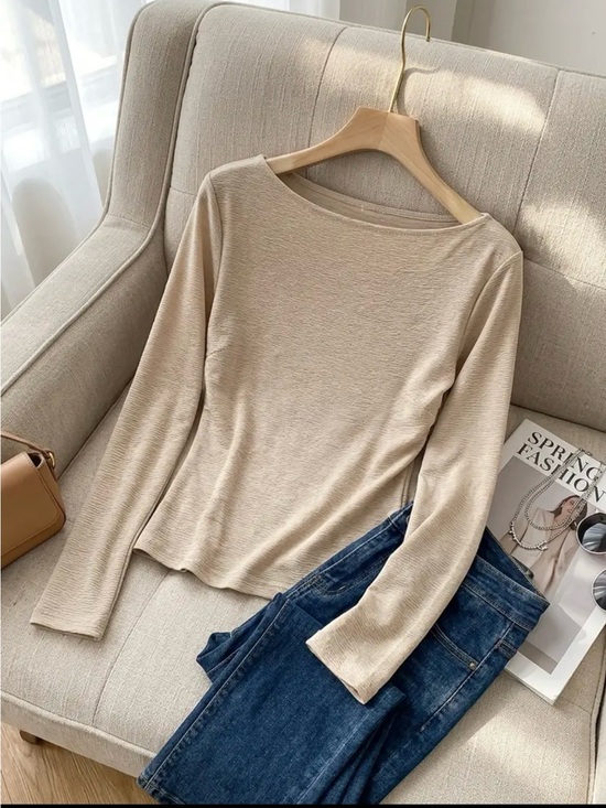 Temu Tops - Boatneck Long Sleeve Top in Light Beige